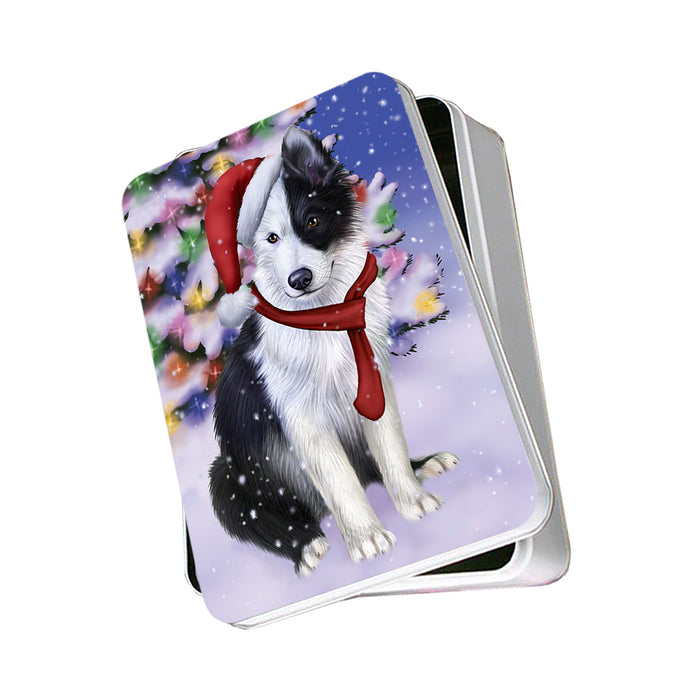 Winterland Wonderland Border Collie Dog In Christmas Holiday Scenic Background Photo Storage Tin PITN53364