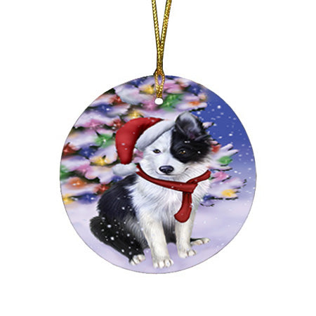 Winterland Wonderland Border Collie Dog In Christmas Holiday Scenic Background  Round Flat Christmas Ornament RFPOR53355