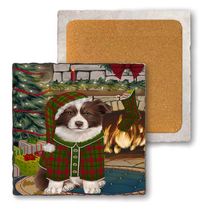 The Stocking was Hung Border Collie Dog Set of 4 Natural Stone Marble Tile Coasters MCST50233