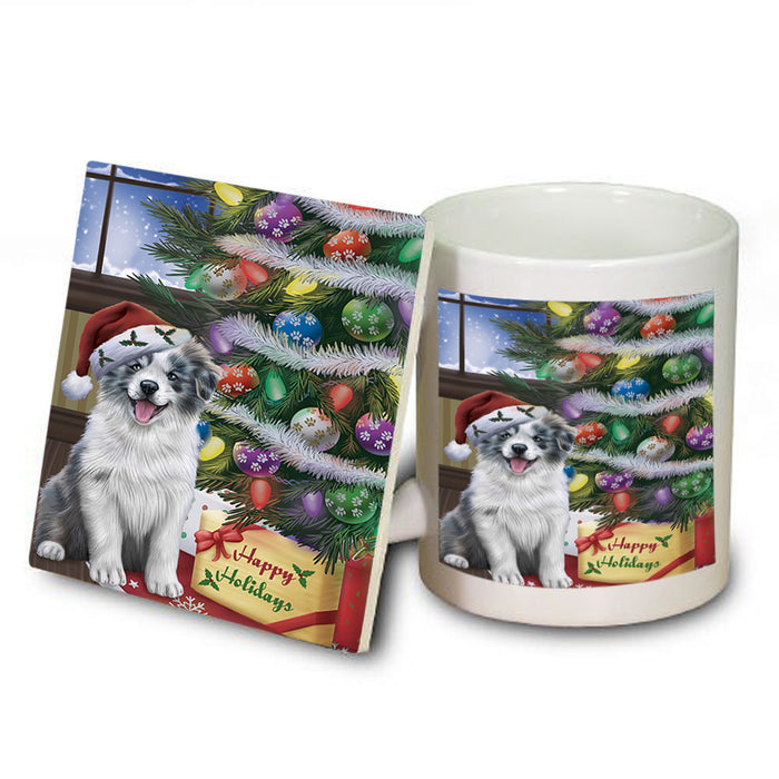 Christmas Happy Holidays Border Collie Dog with Tree and Presents Mug and Coaster Set MUC53795