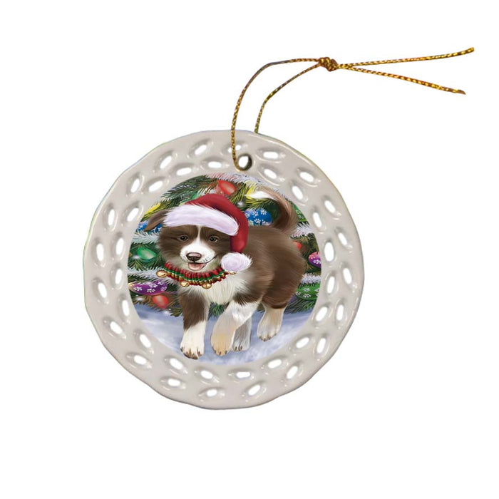 Trotting in the Snow Border Collie Dog Ceramic Doily Ornament DPOR55778