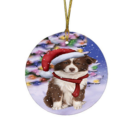 Winterland Wonderland Border Collie Dog In Christmas Holiday Scenic Background  Round Flat Christmas Ornament RFPOR53356