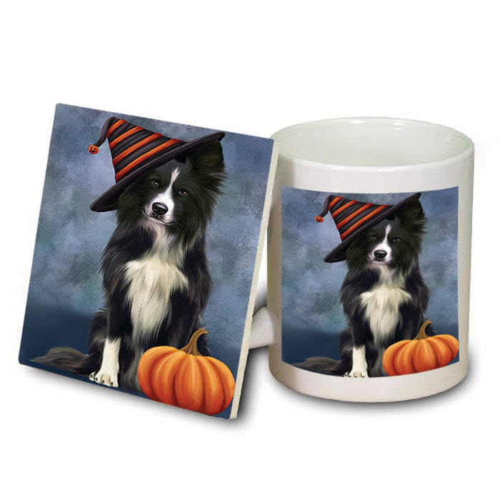 Happy Halloween Border Collie Dog Wearing Witch Hat with Pumpkin Mug and Coaster Set MUC54750