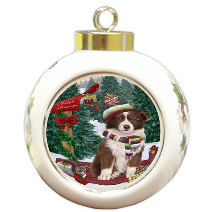 Merry Christmas Woodland Sled Border Collie Dog Round Ball Christmas Ornament RBPOR55218