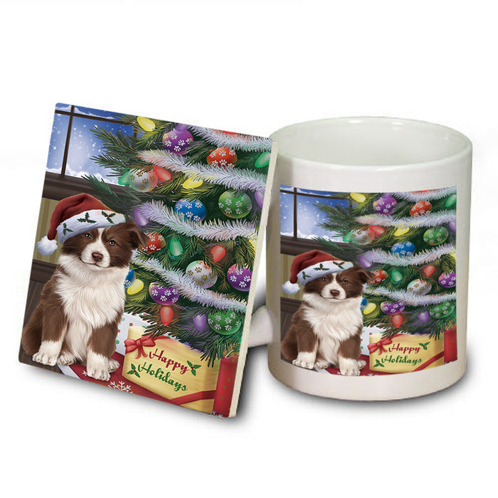 Christmas Happy Holidays Border Collie Dog with Tree and Presents Mug and Coaster Set MUC53796