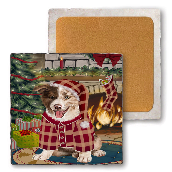 The Stocking was Hung Border Collie Dog Set of 4 Natural Stone Marble Tile Coasters MCST50234