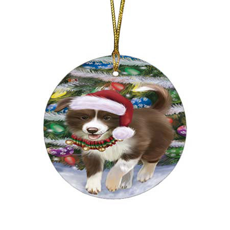 Trotting in the Snow Border Collie Dog Round Flat Christmas Ornament RFPOR55778