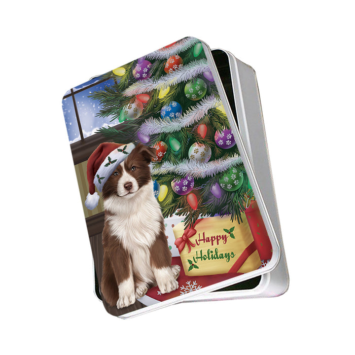 Christmas Happy Holidays Border Collie Dog with Tree and Presents Photo Storage Tin PITN53747