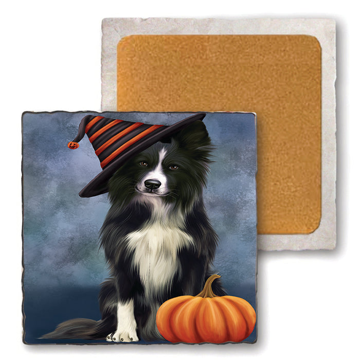 Happy Halloween Border Collie Dog Wearing Witch Hat with Pumpkin Set of 4 Natural Stone Marble Tile Coasters MCST49758