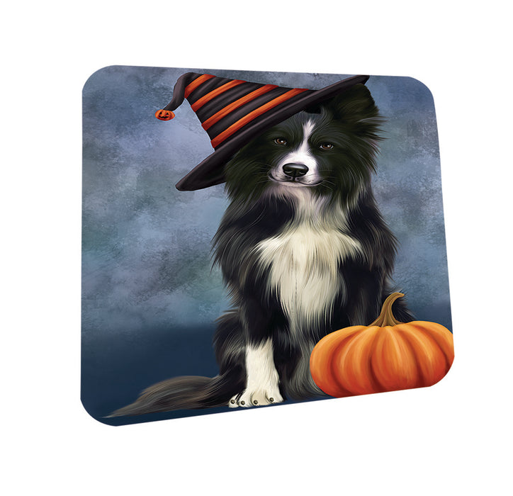 Happy Halloween Border Collie Dog Wearing Witch Hat with Pumpkin Coasters Set of 4 CST54716