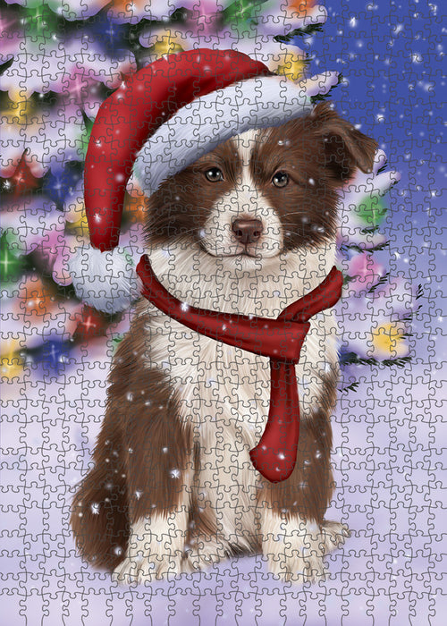 Winterland Wonderland Border Collie Dog In Christmas Holiday Scenic Background Puzzle with Photo Tin PUZL80616