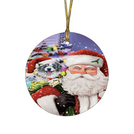 Santa Carrying Border Collie Dog and Christmas Presents Round Flat Christmas Ornament RFPOR53954