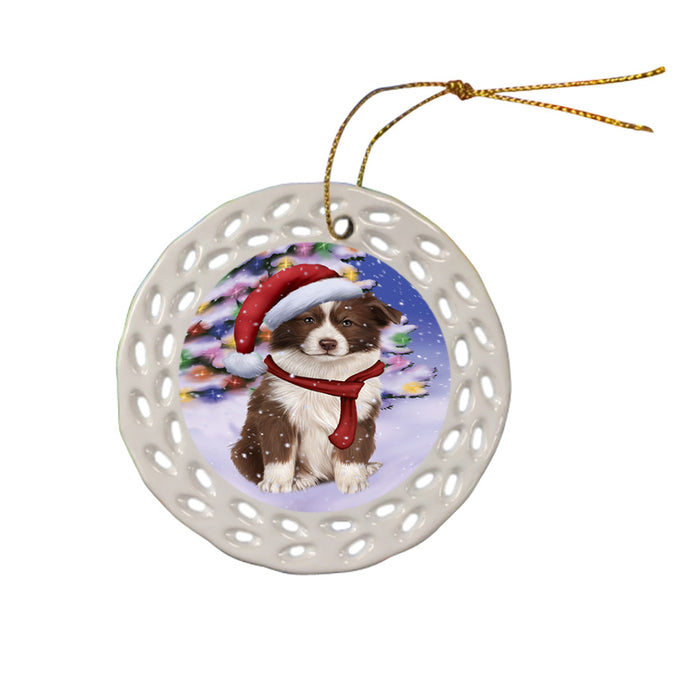 Winterland Wonderland Border Collie Dog In Christmas Holiday Scenic Background  Ceramic Doily Ornament DPOR53365