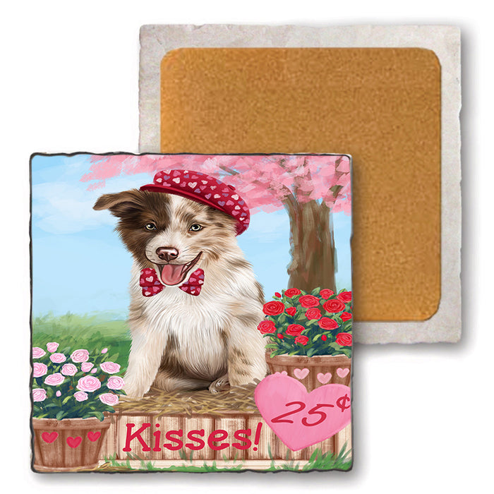 Rosie 25 Cent Kisses Border Collie Dog Set of 4 Natural Stone Marble Tile Coasters MCST50943