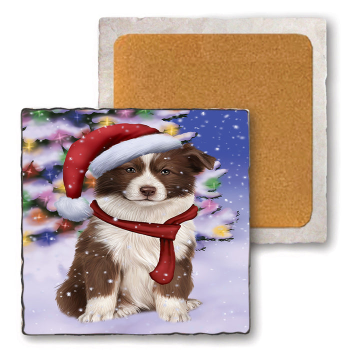 Winterland Wonderland Border Collie Dog In Christmas Holiday Scenic Background  Set of 4 Natural Stone Marble Tile Coasters MCST48365