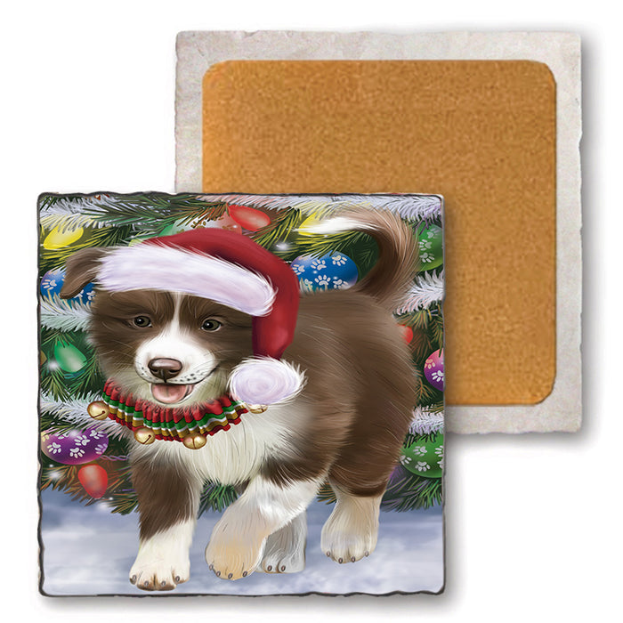 Trotting in the Snow Border Collie Dog Set of 4 Natural Stone Marble Tile Coasters MCST50422