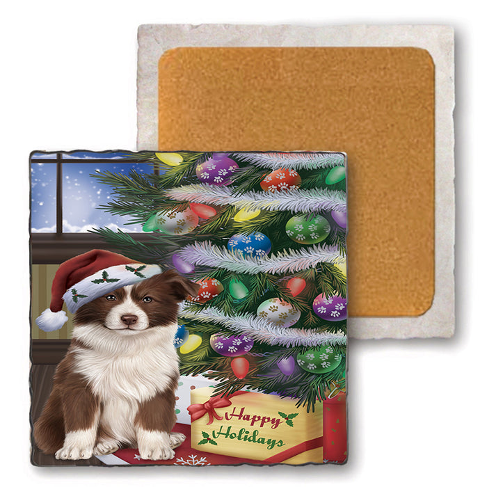 Christmas Happy Holidays Border Collie Dog with Tree and Presents Set of 4 Natural Stone Marble Tile Coasters MCST48804