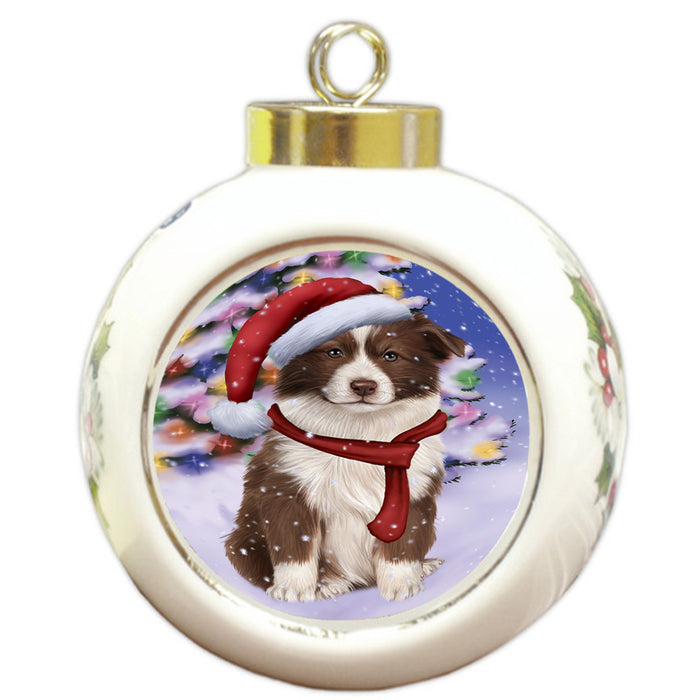 Winterland Wonderland Border Collie Dog In Christmas Holiday Scenic Background  Round Ball Christmas Ornament RBPOR53365