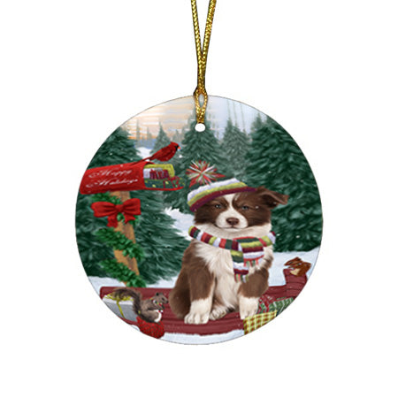 Merry Christmas Woodland Sled Border Collie Dog Round Flat Christmas Ornament RFPOR55218