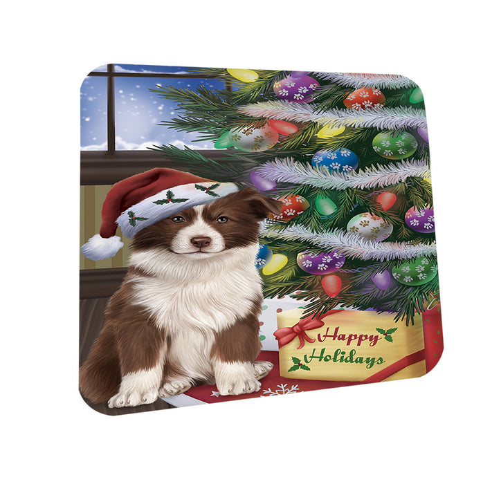 Christmas Happy Holidays Border Collie Dog with Tree and Presents Coasters Set of 4 CST53762