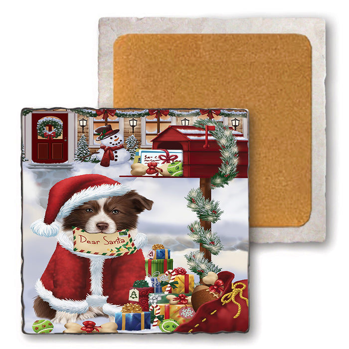 Border Collie Dog Dear Santa Letter Christmas Holiday Mailbox Set of 4 Natural Stone Marble Tile Coasters MCST48874