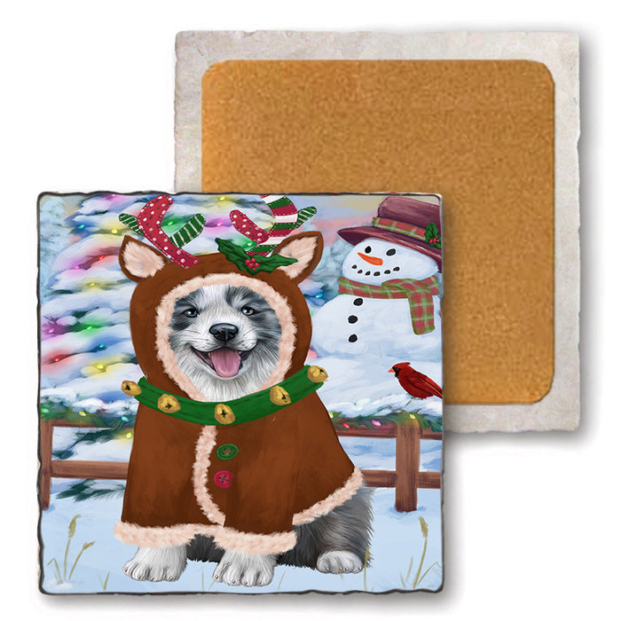 Christmas Gingerbread House Candyfest Border Collie Dog Set of 4 Natural Stone Marble Tile Coasters MCST51204