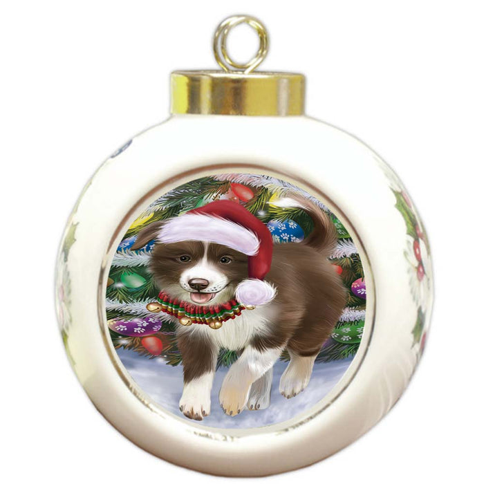 Trotting in the Snow Border Collie Dog Round Ball Christmas Ornament RBPOR55778