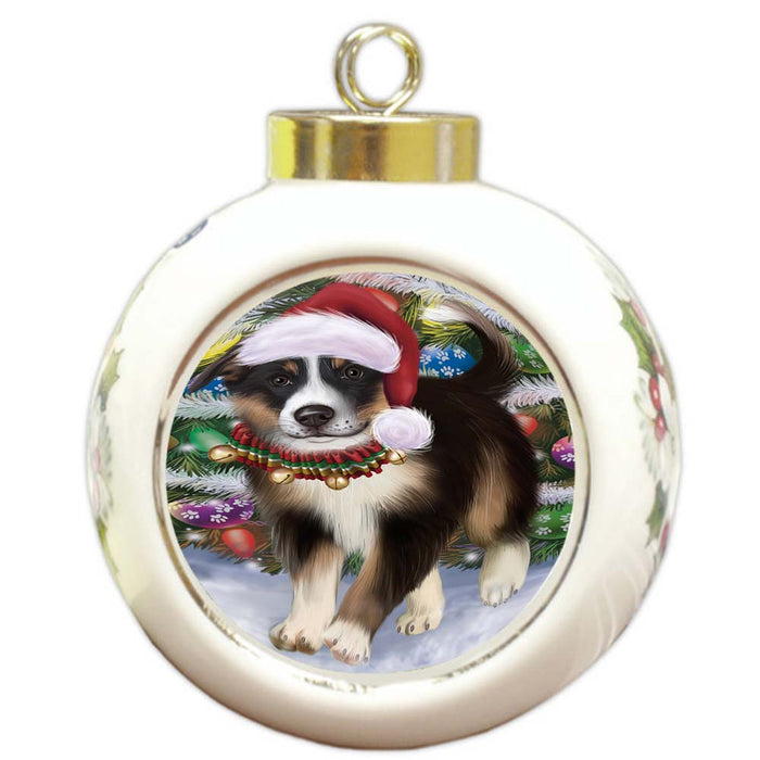 Trotting in the Snow Border Collie Dog Round Ball Christmas Ornament RBPOR55779