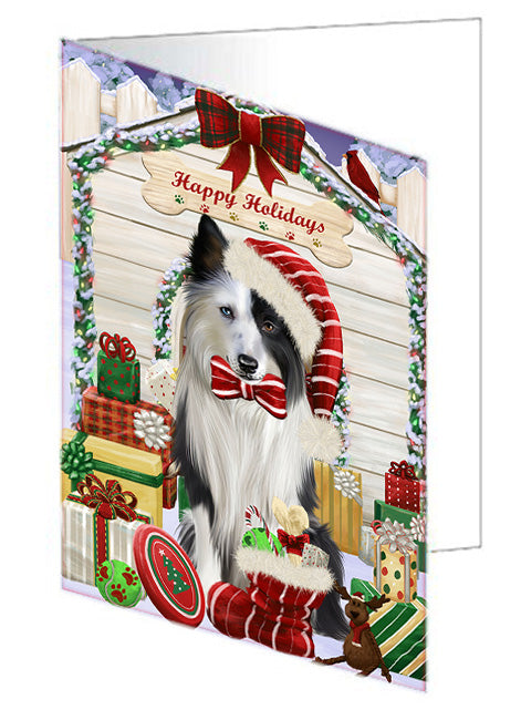 Happy Holidays Christmas Border Collie Dog House with Presents Handmade Artwork Assorted Pets Greeting Cards and Note Cards with Envelopes for All Occasions and Holiday Seasons GCD58082