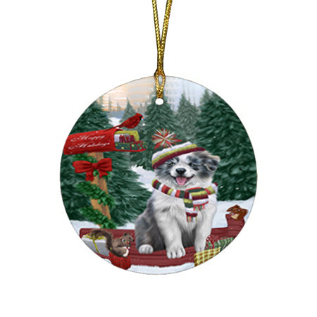 Merry Christmas Woodland Sled Border Collie Dog Round Flat Christmas Ornament RFPOR55219