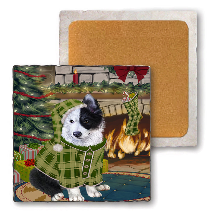 The Stocking was Hung Border Collie Dog Set of 4 Natural Stone Marble Tile Coasters MCST50235
