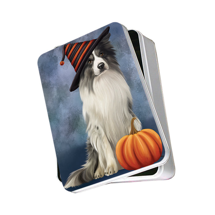 Happy Halloween Border Collie Dog Wearing Witch Hat with Pumpkin Photo Storage Tin PITN54702
