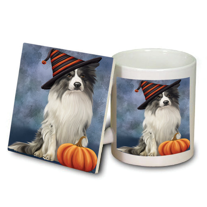 Happy Halloween Border Collie Dog Wearing Witch Hat with Pumpkin Mug and Coaster Set MUC54751