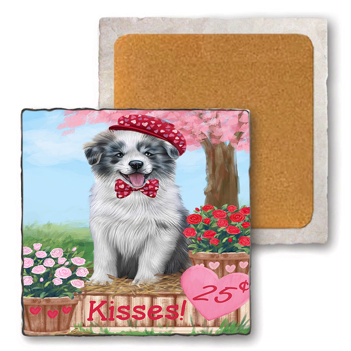 Rosie 25 Cent Kisses Border Collie Dog Set of 4 Natural Stone Marble Tile Coasters MCST50944