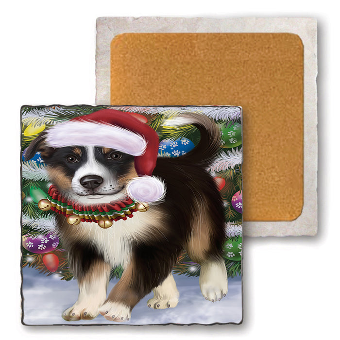 Trotting in the Snow Border Collie Dog Set of 4 Natural Stone Marble Tile Coasters MCST50423