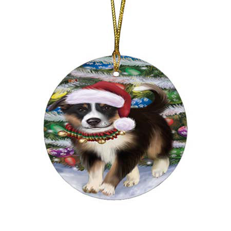 Trotting in the Snow Border Collie Dog Round Flat Christmas Ornament RFPOR55779