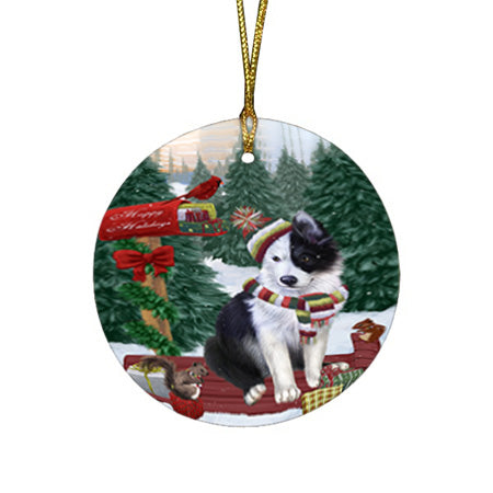 Merry Christmas Woodland Sled Border Collie Dog Round Flat Christmas Ornament RFPOR55220