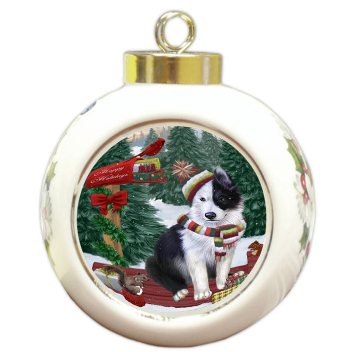 Merry Christmas Woodland Sled Border Collie Dog Round Ball Christmas Ornament RBPOR55220