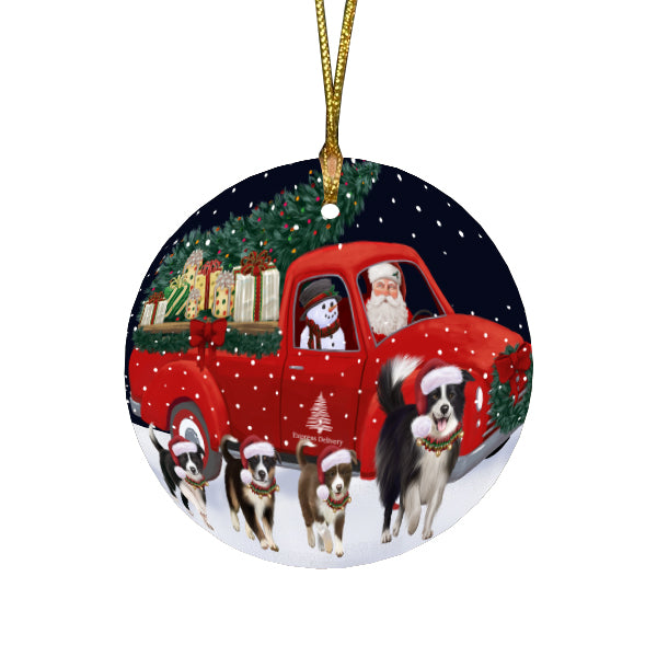 Christmas Express Delivery Red Truck Running Border Collie Dogs Round Flat Christmas Ornament RFPOR57732