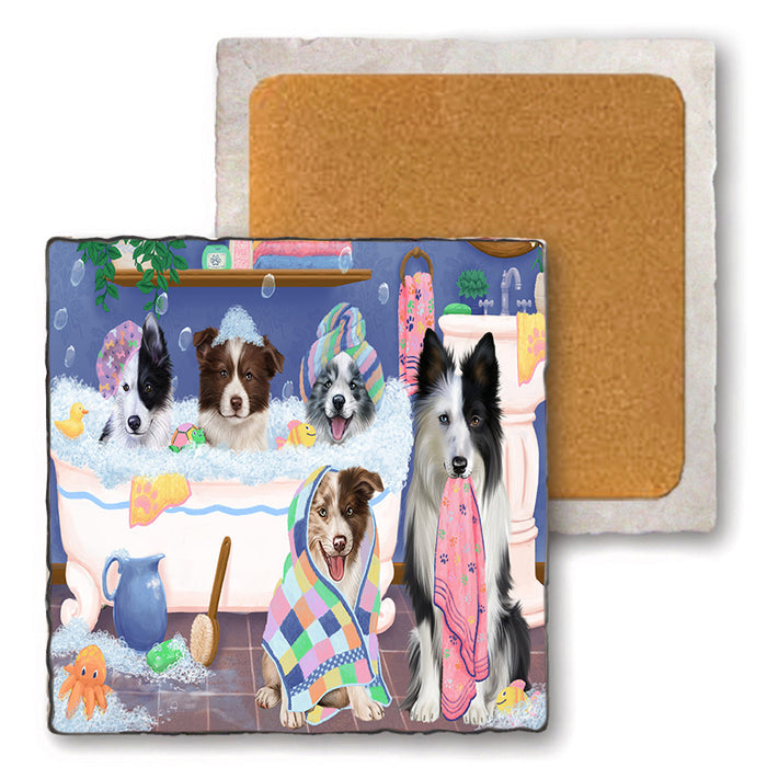 Rub A Dub Dogs In A Tub Border Collies Dog Set of 4 Natural Stone Marble Tile Coasters MCST51770