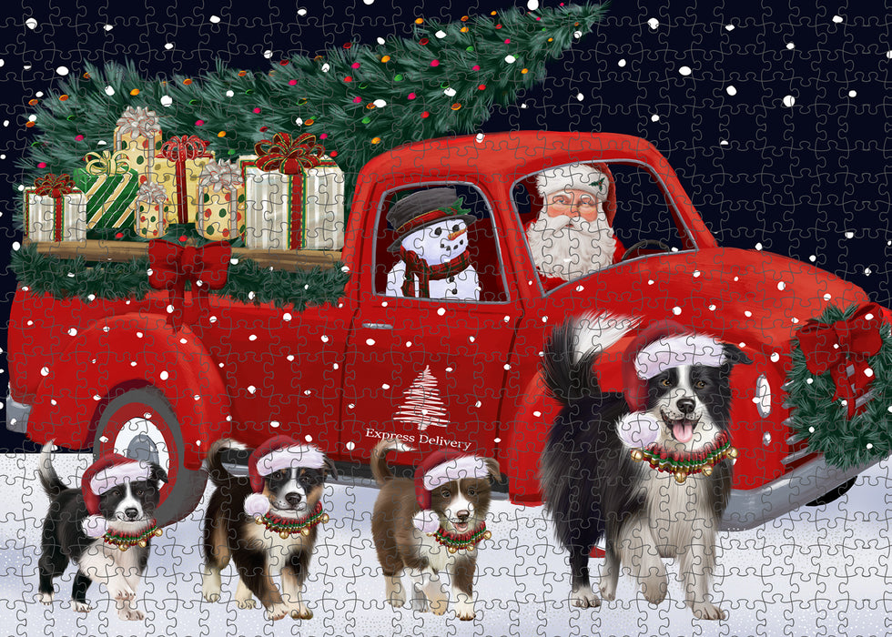 Christmas Express Delivery Red Truck Running Border Collie Dogs Puzzle with Photo Tin PUZL99628