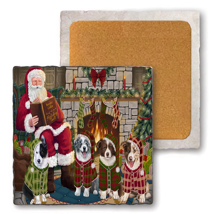 Christmas Cozy Holiday Tails Border Collies Dog Set of 4 Natural Stone Marble Tile Coasters MCST50106
