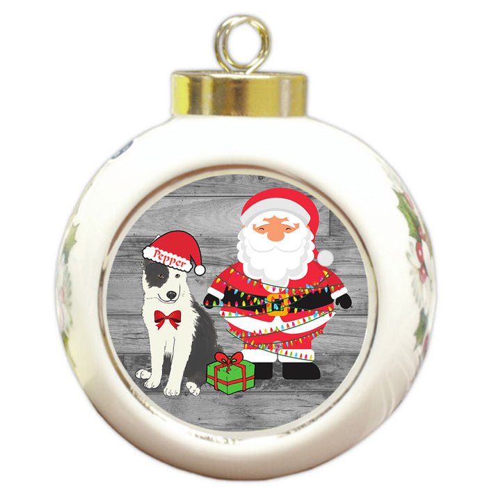 Custom Personalized Border Collie Dog With Santa Wrapped in Light Christmas Round Ball Ornament