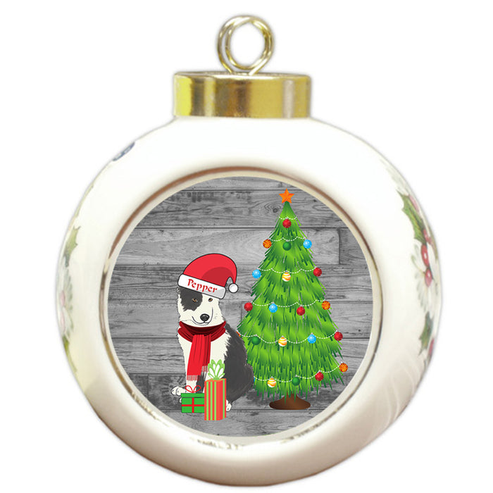 Custom Personalized Border Collie Dog With Tree and Presents Christmas Round Ball Ornament