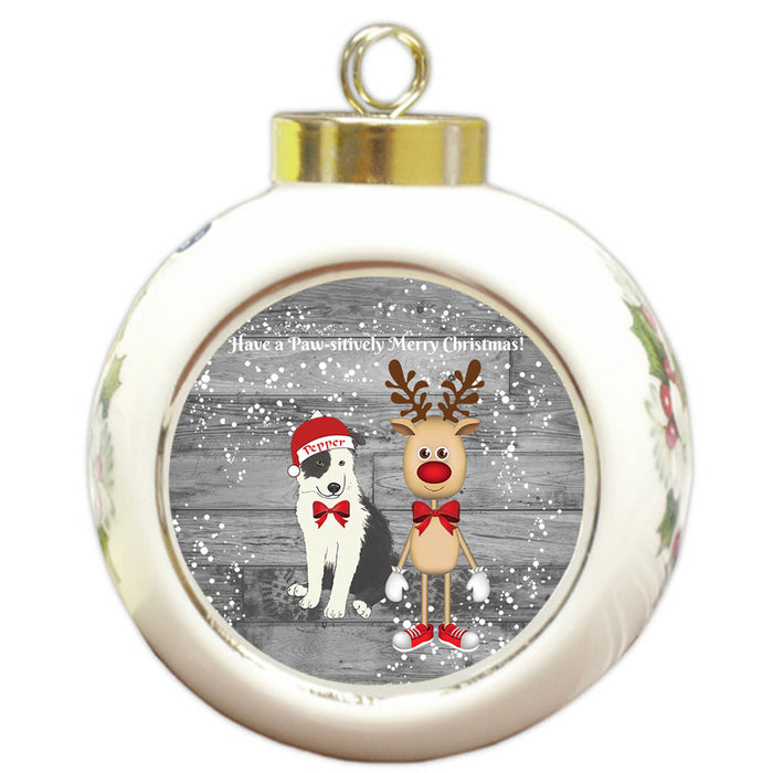 Custom Personalized Border Collie Dog Reindeer and Pooch Christmas Round Ball Ornament