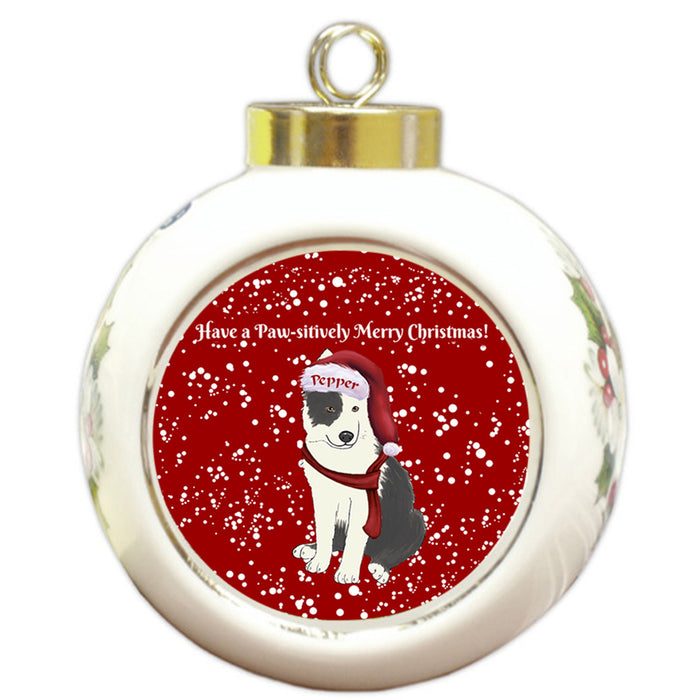 Custom Personalized Pawsitively Border Collie Dog Merry Christmas Round Ball Ornament