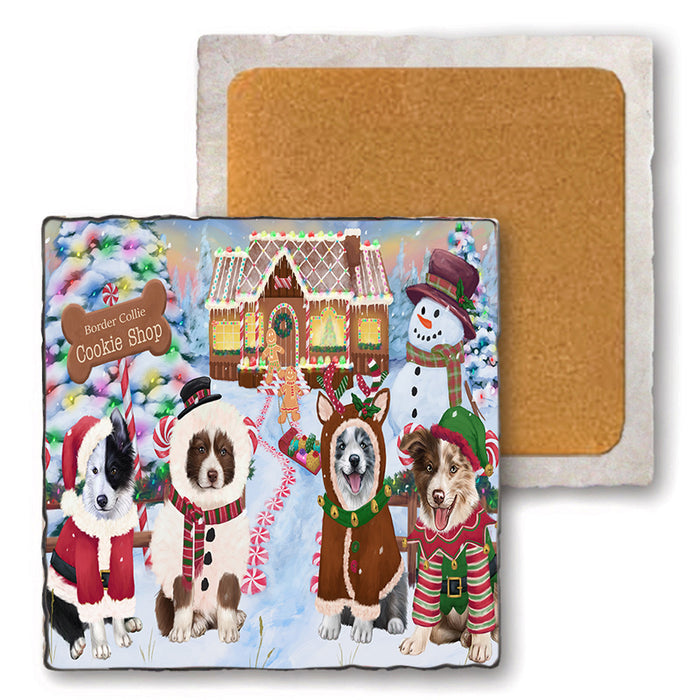 Holiday Gingerbread Cookie Shop Border Collies Dog Set of 4 Natural Stone Marble Tile Coasters MCST51382
