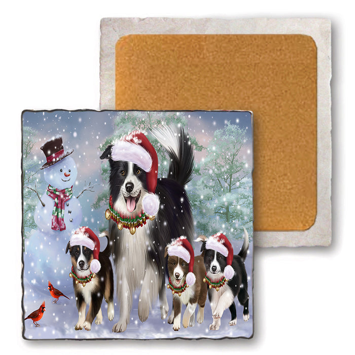 Christmas Running Family Border Collies Dog Set of 4 Natural Stone Marble Tile Coasters MCST50464