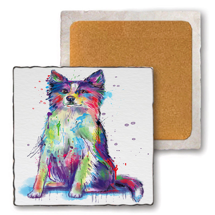 Watercolor Border Collie Dog Set of 4 Natural Stone Marble Tile Coasters MCST52076