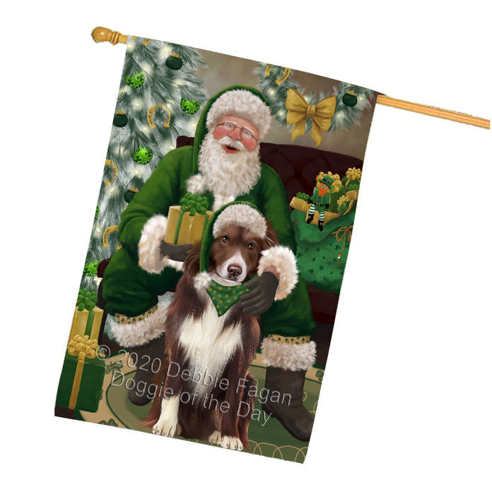 Christmas Irish Santa with Gift and Border Collie Dog House Flag FLG66680